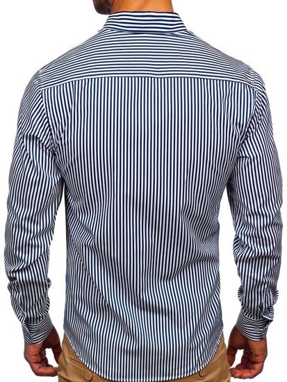 Granatowa koszula męska w paski z długim rękawem Bolf 20726