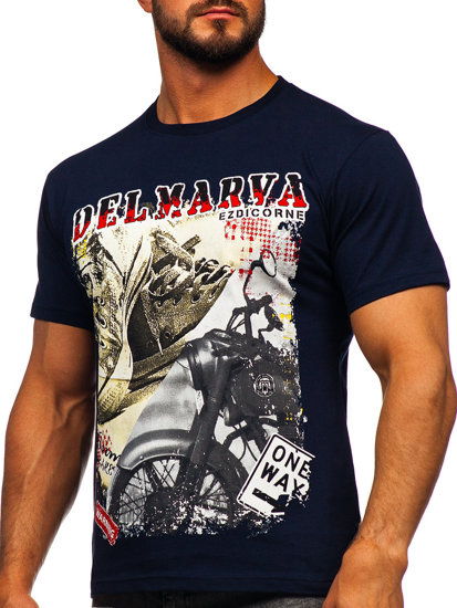 Granatowy bawełniany t-shirt męski z nadrukiem Denley 143008