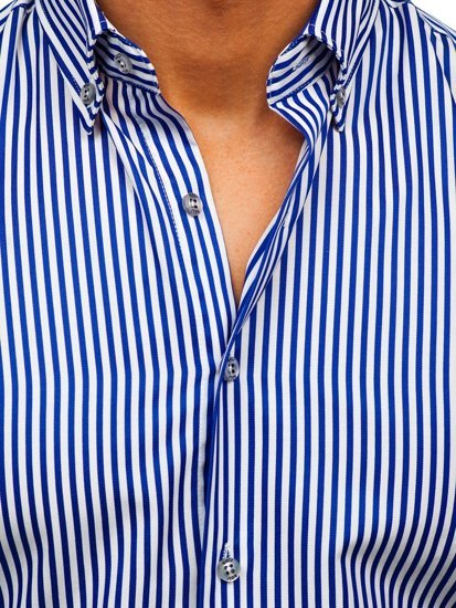 Kobaltowa koszula męska w paski z długim rękawem Bolf 20726