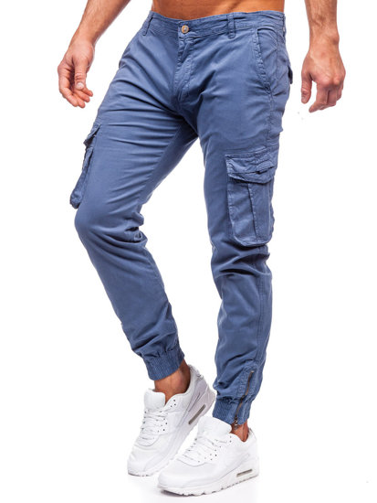 Niebieskie spodnie jeansowe joggery bojówki męskie Denley J679