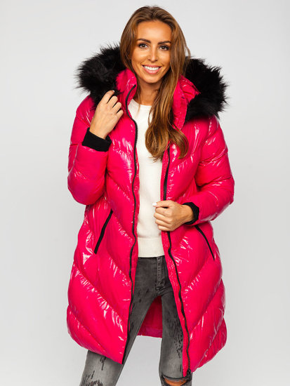 Różowa pikowana kurtka damska zimowa z kapturem Denley 23069A