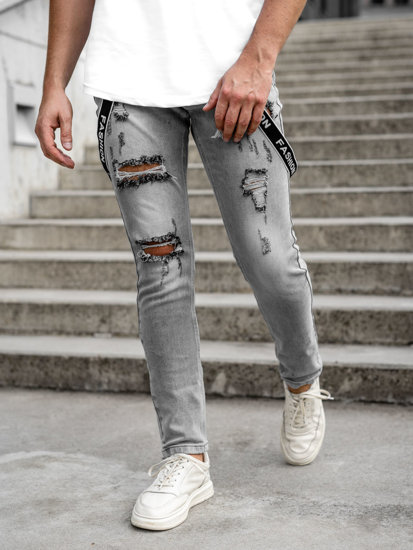 Szare spodnie jeansowe męskie slim fit z szelkami Denley KX952