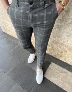 Antracytowe spodnie materiałowe chinosy w kratę męskie Denley 0036