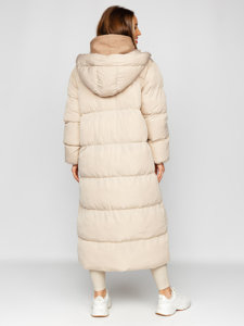 Beżowa długa pikowana kurtka płaszcz damska zimowa z kapturem Denley R6702
