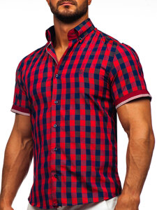 Bordowa koszula męska w kratę z krótkim rękawem Bolf 4508