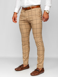 Camelowe spodnie materiałowe chinosy w kratę męskie Denley 0037