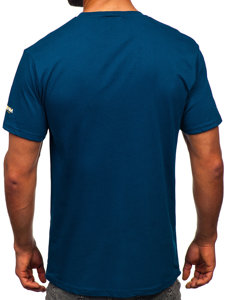 Ciemnoniebieski bawełniany t-shirt męski z nadrukiem Denley 14731