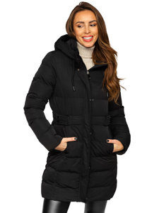 Czarna długa pikowana kurtka płaszcz damska zimowa z kapturem Denley 7086