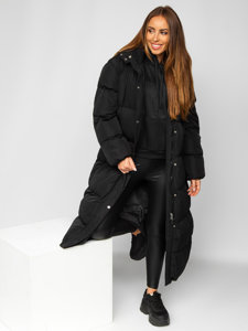 Czarna długa pikowana kurtka płaszcz damska zimowa z kapturem Denley R6702