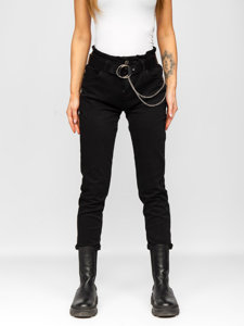 Czarne jeansowe spodnie damskie z wysokim stanem z paskiem Denley LA689