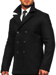 Czarny płaszcz dwurzędowy męski zimowy z wysokim kołnierzem Denley 8801