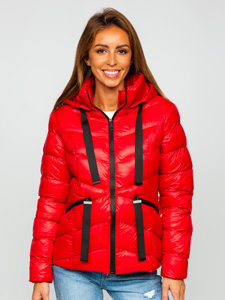 Czerwona pikowana kurtka damska zimowa z kapturem Denley 23066