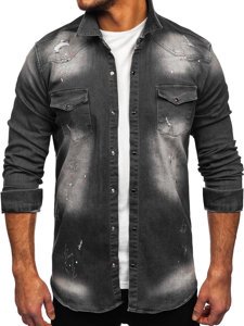 Grafitowa koszula męska jeansowa z długim rękawem Denley R710
