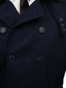 Granatowy dwurzędowy płaszcz męski prochowiec z wysokim kołnierzem i paskiem Denley 5569