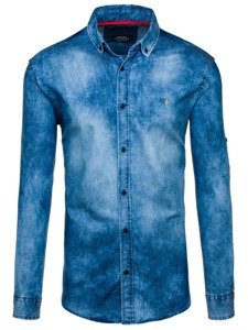 Koszula męska jeansowa z długim rękawem niebieska Denley 0533-1