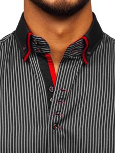 Koszula męska w paski z długim rękawem czarna Bolf 2751