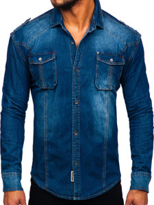 Niebieska koszula męska jeansowa z długim rękawem Denley MC701B