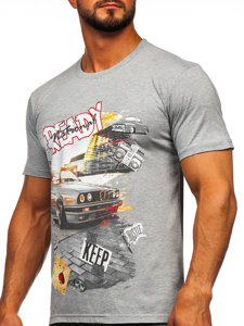 Szary bawełniany t-shirt męski z nadrukiem Denley 143004